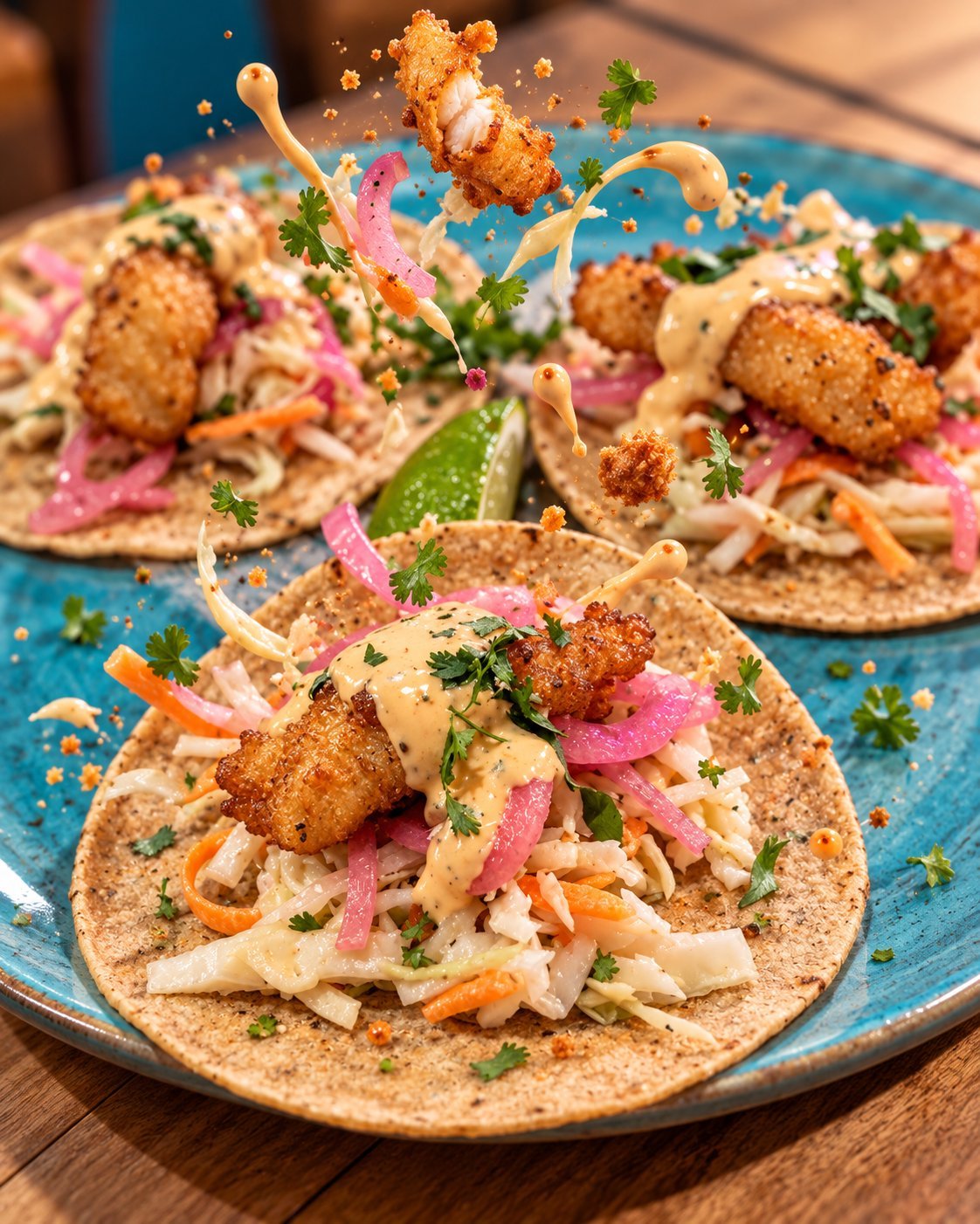 Crispy fried cauliflower tacos on a blue plate with pickled onions, fresh cilantro, and creamy sauce drizzle.