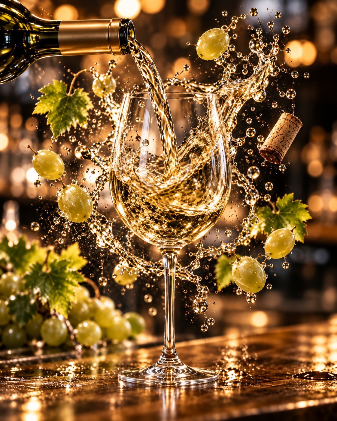 White wine pouring into a glass with splashing liquid, grapes, and bokeh lights in background
