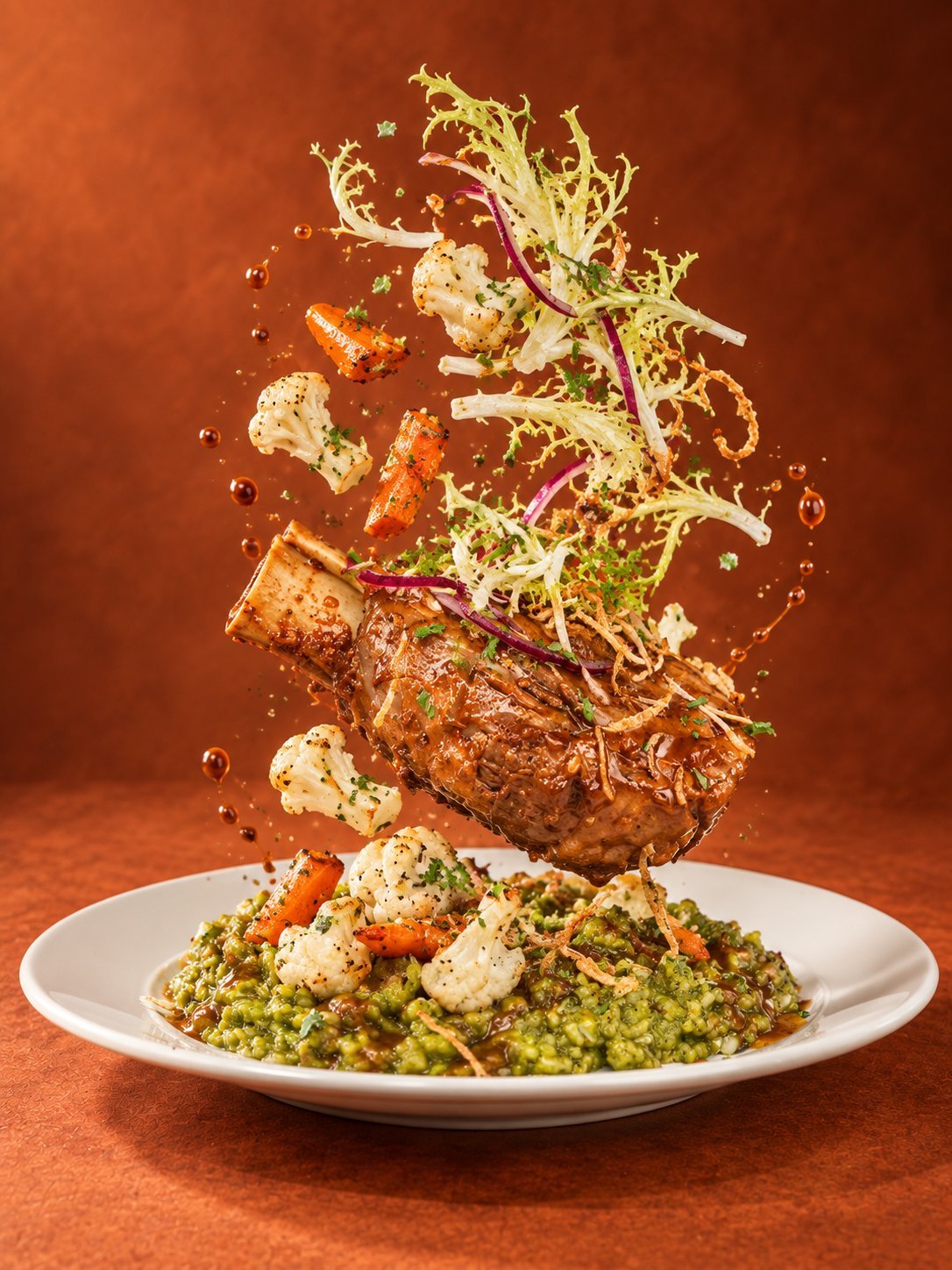 Floating food explosion showing grilled steak with fresh greens and vegetables suspended above a plate of green risotto against an orange background