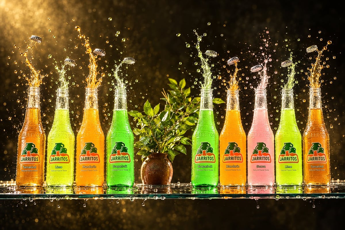 Colorful beverage bottles splashing with golden liquid effect on dark background with potted plant between them