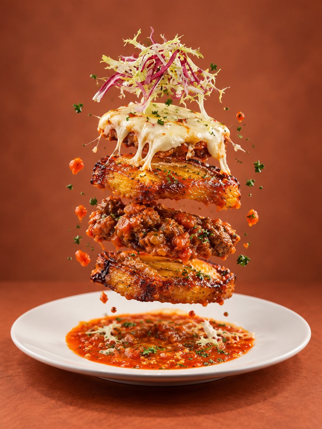 Stacked gourmet dish with crispy fried chicken, ground meat, melted cheese, and shredded vegetables floating above a sauce on a white plate