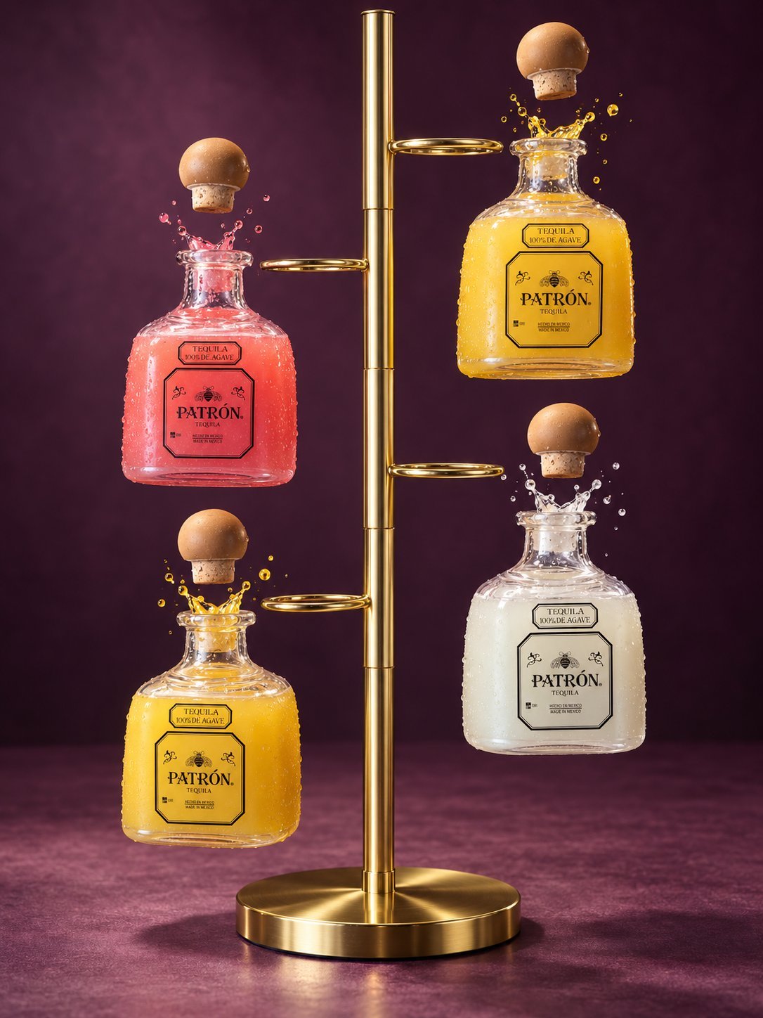 Four Patron tequila bottles in pink, yellow, and clear varieties displayed on a gold horizontal stand against a purple background