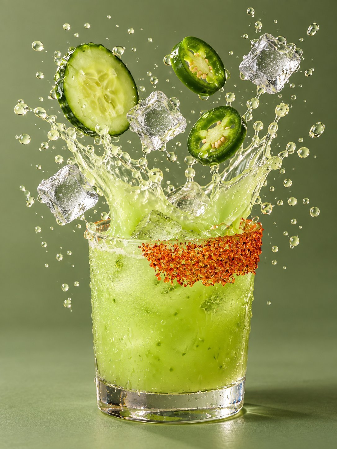 Refreshing green cocktail splash with cucumber slices, ice cubes, and red spice rim against olive green background