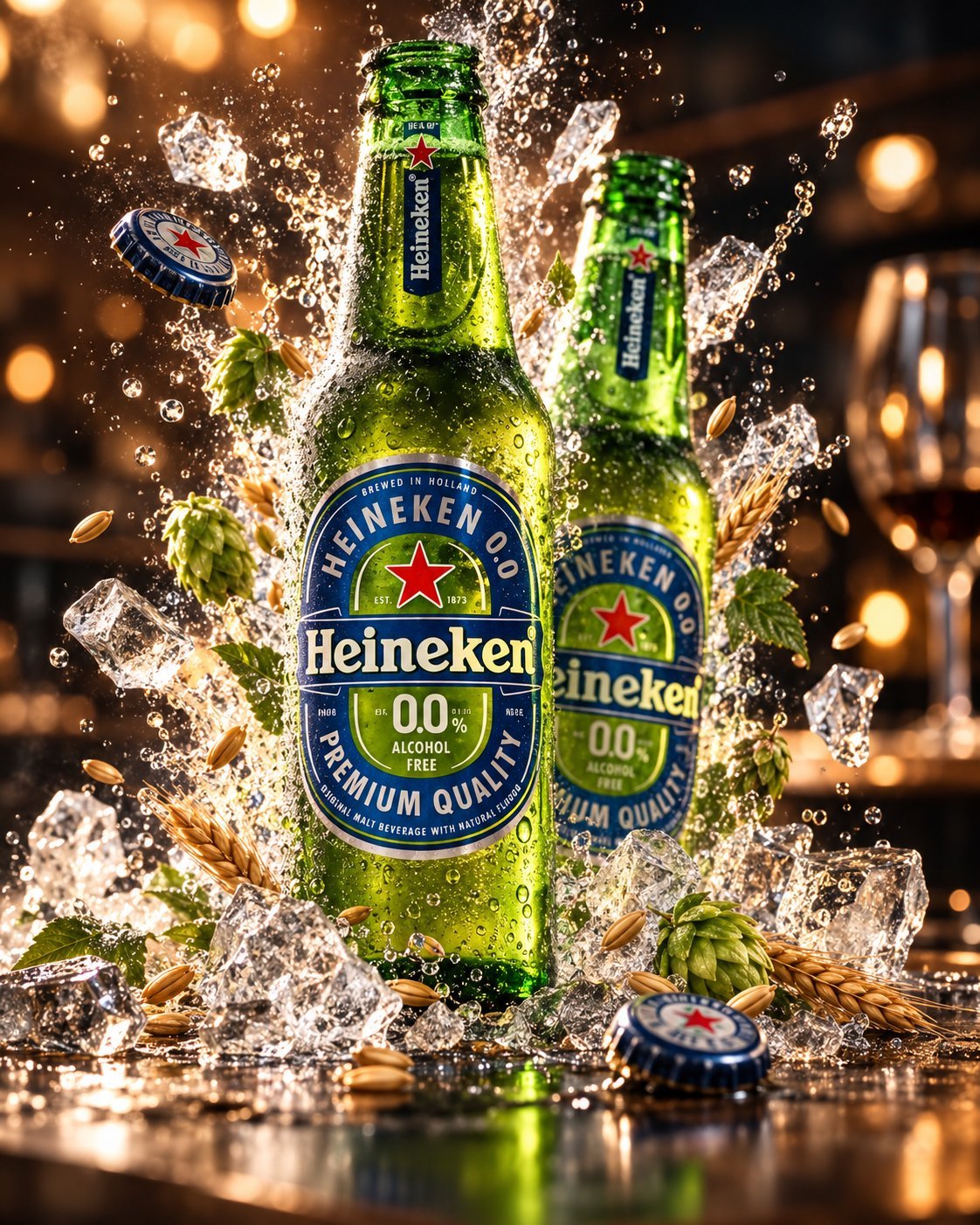 Two Heineken 0.0 beer bottles with water splashing around them against a blurred golden bokeh background