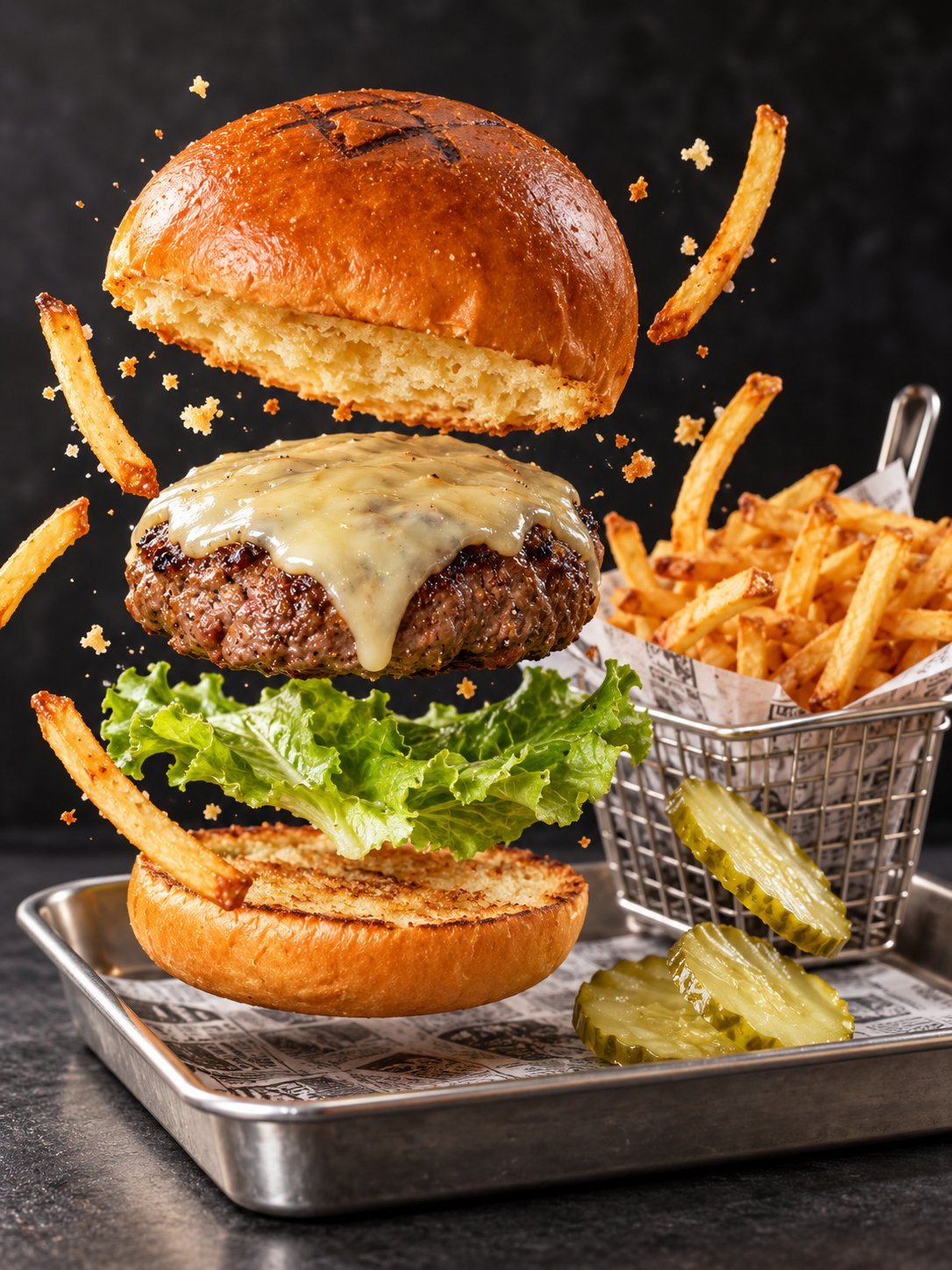 Gourmet burger with melted cheese, lettuce, and sesame bun, stacked with fries and pickles on dark background
