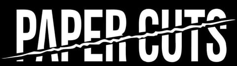 White text PaperCuts logo with diagonal lines on black background