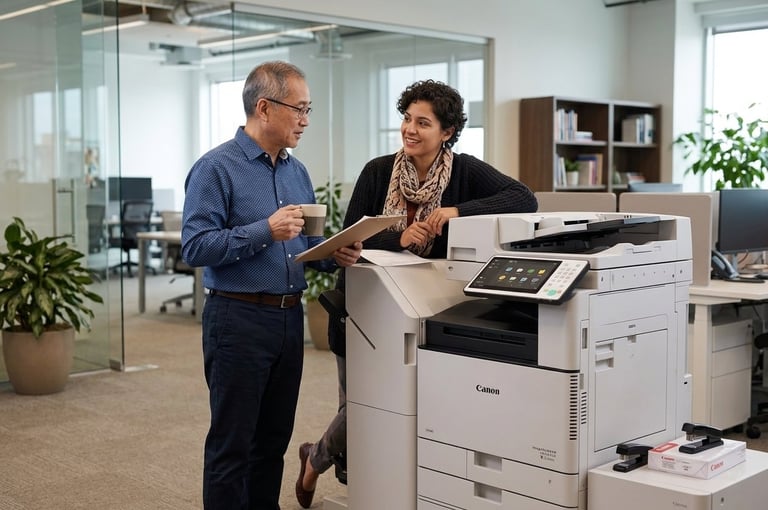 Two office workers discussing by a Canon multifunction printer in a modern office environment