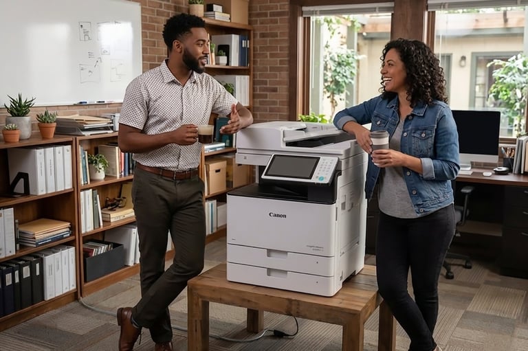Two people stand on either side of a multifunction printer in a modern office space with wooden shelving and natural lighting.