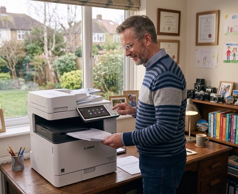 Man in striped sweater using a Canon multifunction printer at a desk in a home office with windows and bookshelves