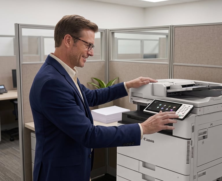 Businessman in navy blazer and glasses using a Canon office printer in a modern workplace setting