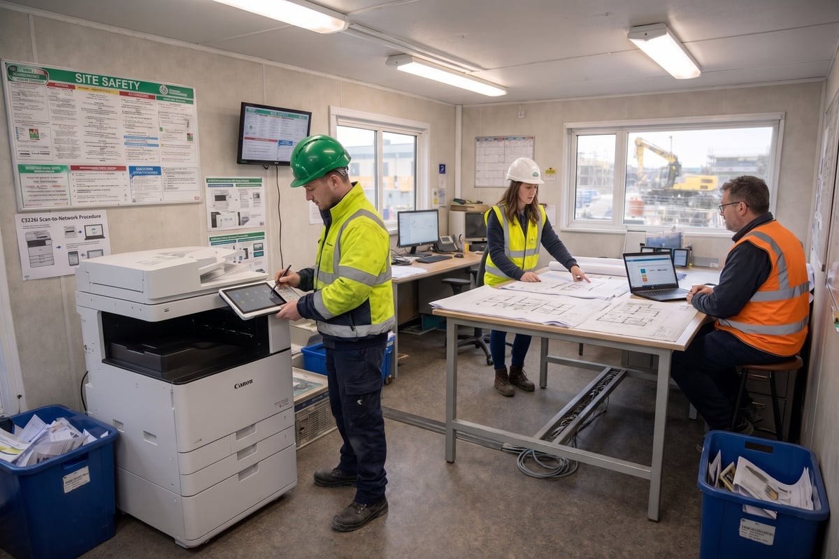 Construction site office with workers in safety vests and hard hats discussing plans at a table with laptops and documents