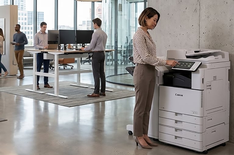 Woman using a multifunction printer in a modern office while colleagues work at desks in the background.
