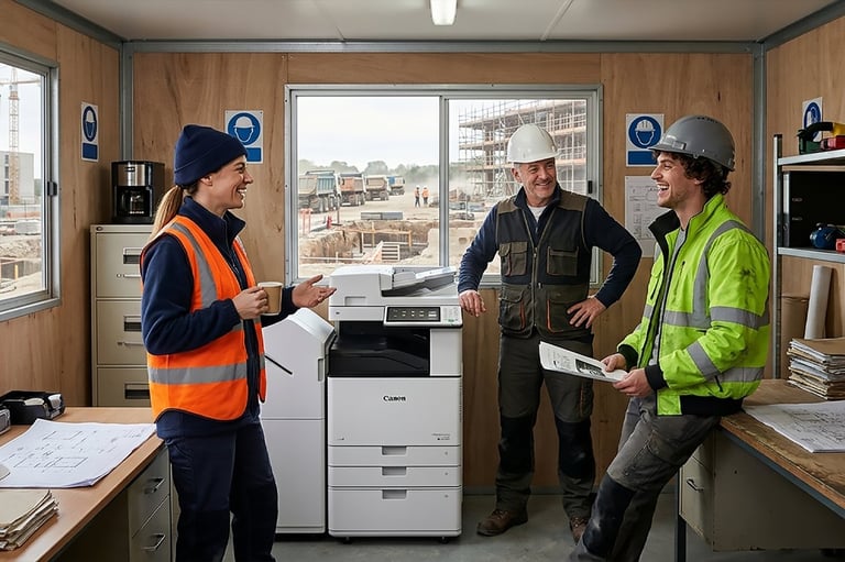 Three construction workers in safety gear discussing plans in an office trailer with a printer and city views through windows