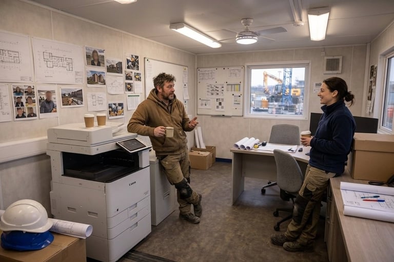 Two people conversing in an office workspace with photos and documents pinned on walls, a printer nearby, and windows showing an urban view