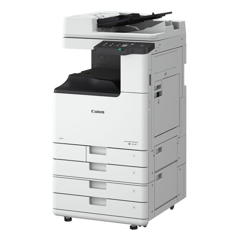Canon multifunction laser printer with copy, scan, and fax capabilities, white and black color with paper trays
