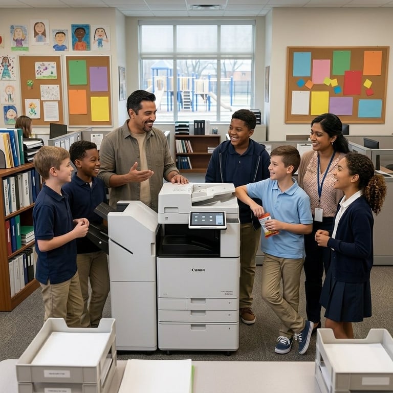 Group of educators and students gathered around a Canon office printer in a classroom, discussing document workflow.