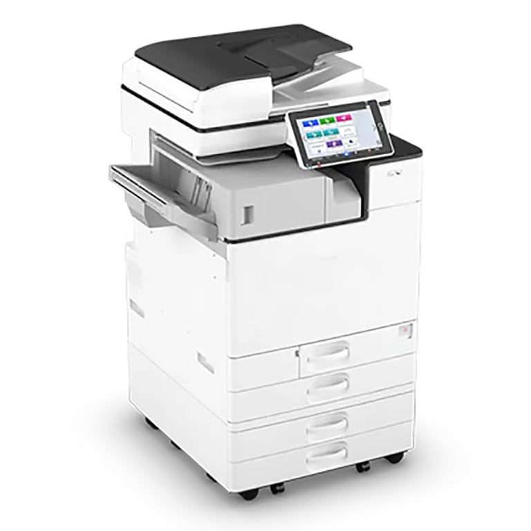 White multifunction office printer with automatic document feeder, touchscreen display, and storage drawers on wheels