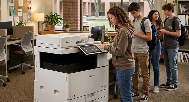 Students using a Canon multifunction printer in a school library or office setting