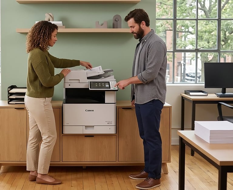 Two coworkers using a multifunction printer in an office with green walls and wooden furniture