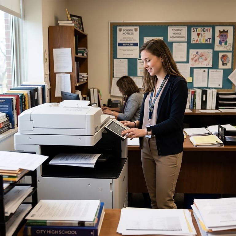 Woman using a copier machine in a school office with student and bulletin board in background