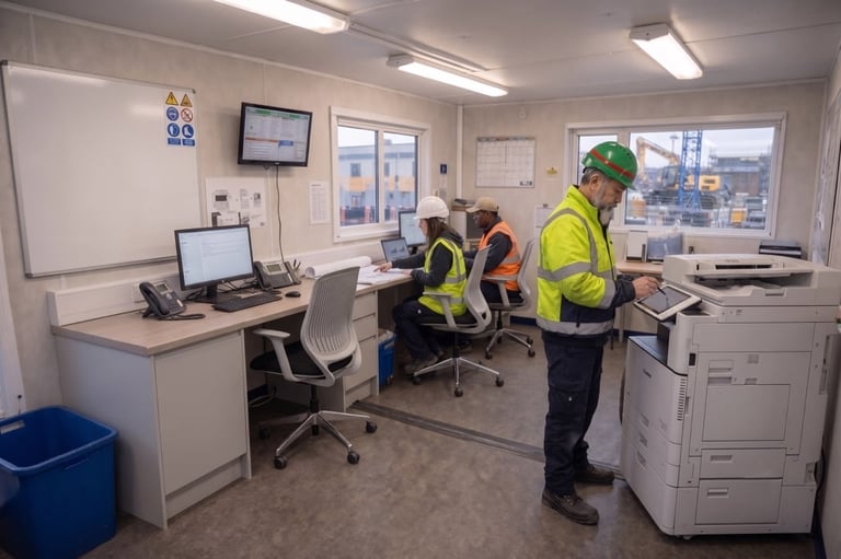 Workers in safety vests inside a construction site office with desks, computers, and large windows overlooking a city.