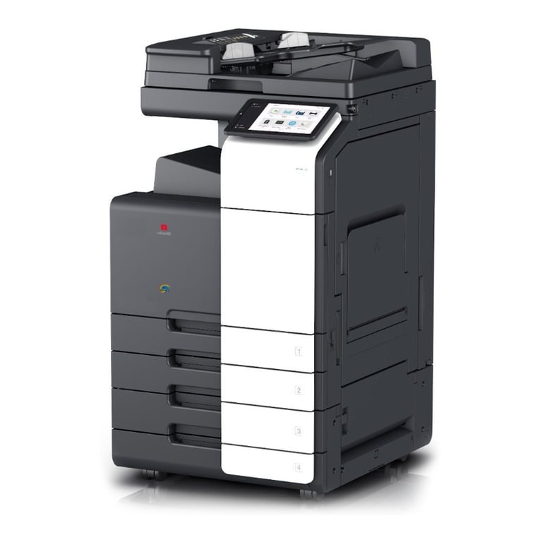 Black and white multifunction printer with touchscreen display and multiple paper output trays