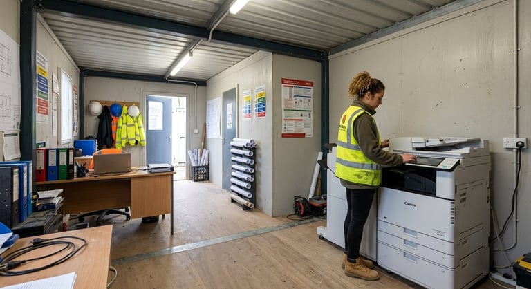 Worker in yellow safety vest using office copier machine in construction site break room with desks and storage.