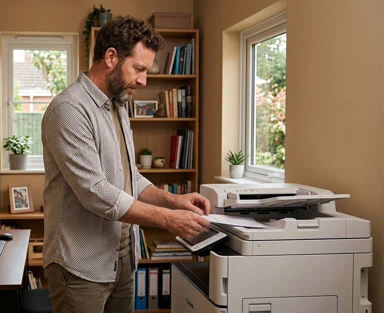 Man in tan shirt using a multifunction printer in a home office with bookshelves and windows