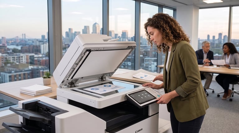 Woman using office multifunction printer with city skyline visible through windows in background