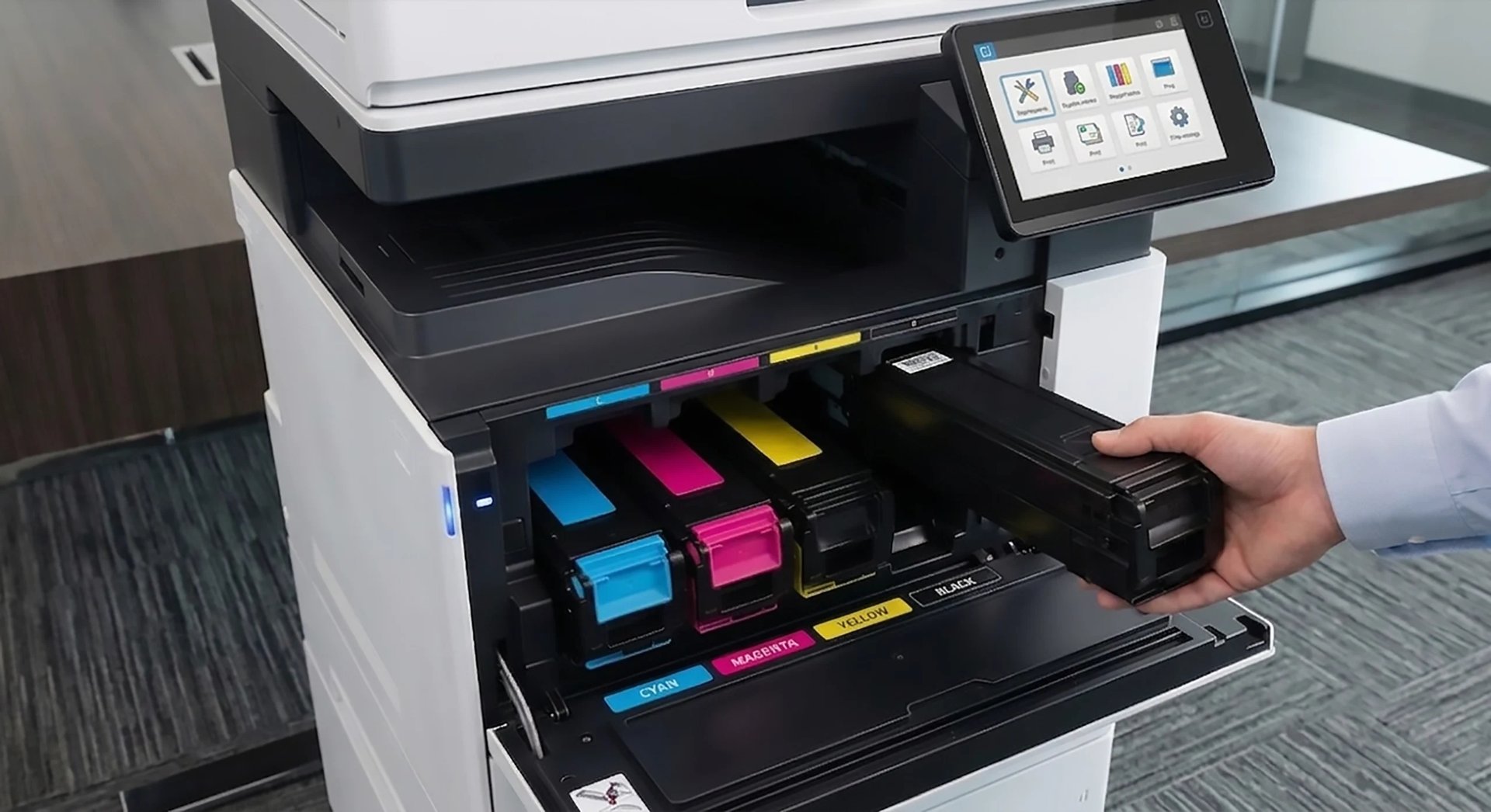 Person loading colorful ink cartridges into an open drawer of a multifunction office printer with touchscreen display
