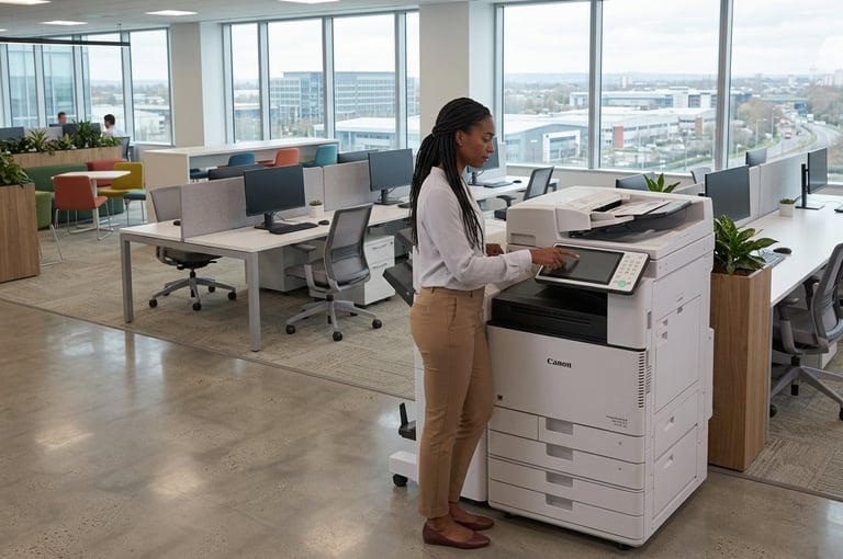 Woman in business attire using a multifunction printer in a modern office with desks and large windows overlooking a city skyline