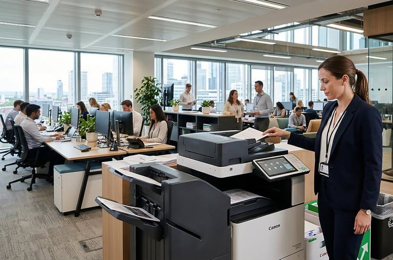 Woman in business attire standing at office printer with colleagues working at desks in a modern high-rise office