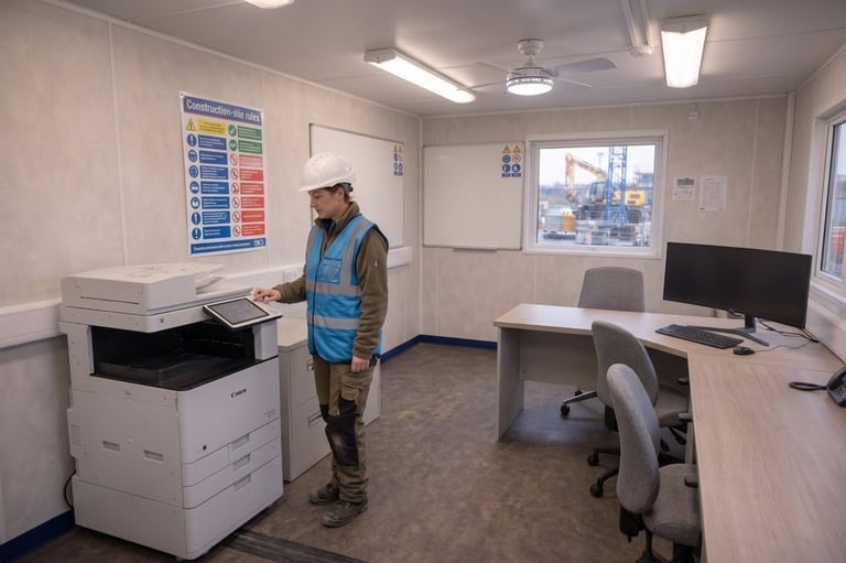 Construction worker in safety vest standing in a modern office break room with copier, desk, computer monitor, and windows overlooking a construction site