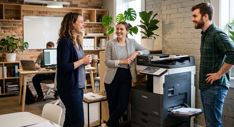 Three office workers having a discussion near a printer in a modern workplace with exposed brick and plants