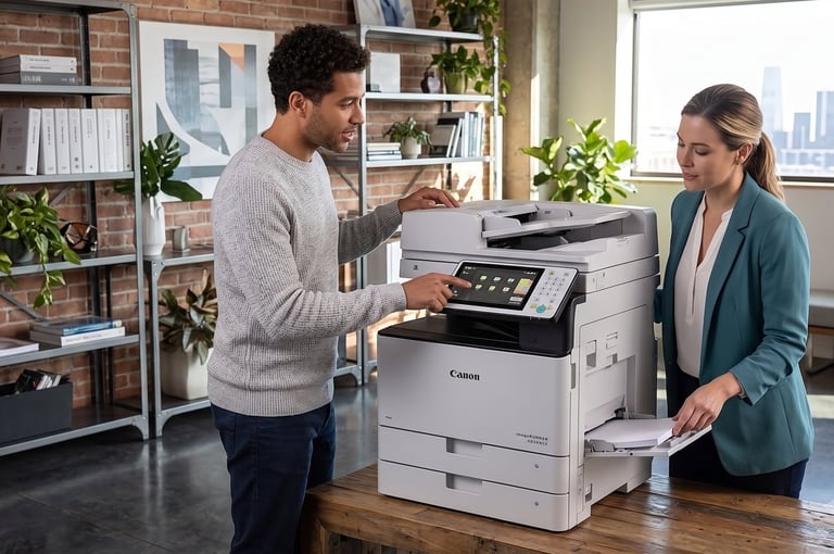 Two people demonstrate a Canon multifunction printer in a modern office with brick walls and plants in background