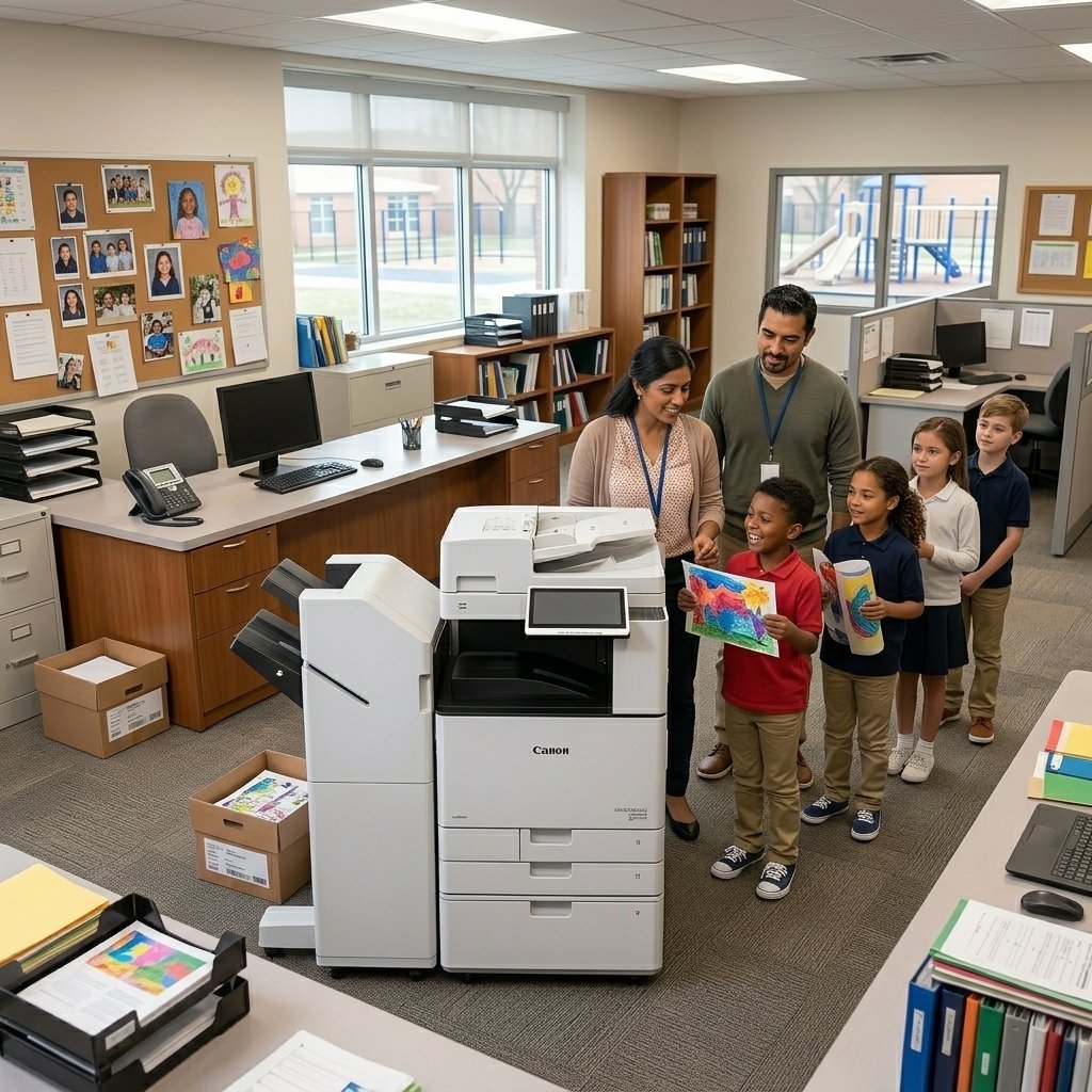 Adults and children gathered around a Canon printer in an office with desks, computers, and bookshelves