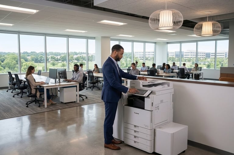 Businessman using office copier machine in modern open plan workplace with employees working at desks and large windows overlooking city