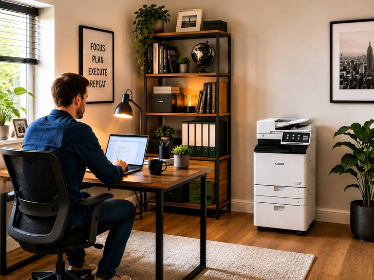 Man working at desk with laptop in home office with wooden shelving, printer, and plants