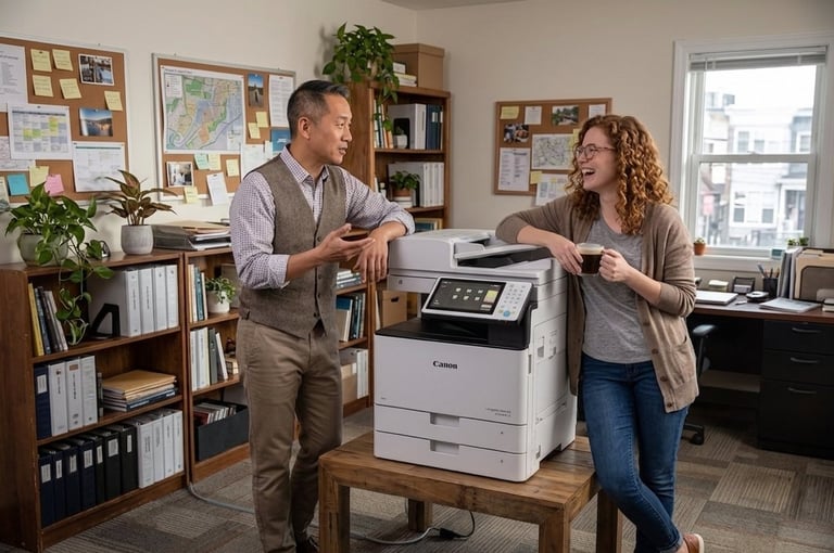 Two coworkers standing beside a Canon office printer in a modern workspace with bookshelves, plants, and city view windows.