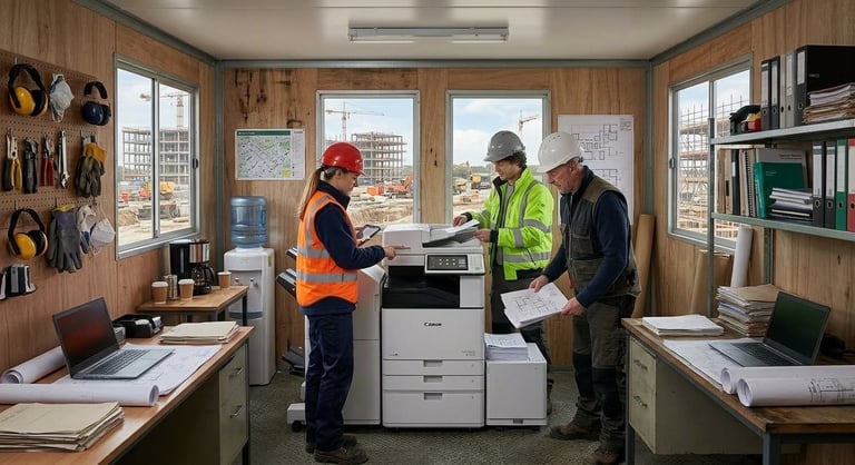 Three construction workers in safety gear discuss documents beside a copier in an office trailer overlooking a city skyline.