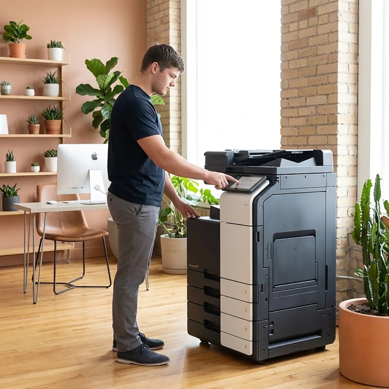 Man in dark shirt using a large multifunction printer in a modern office with plants and wooden desk