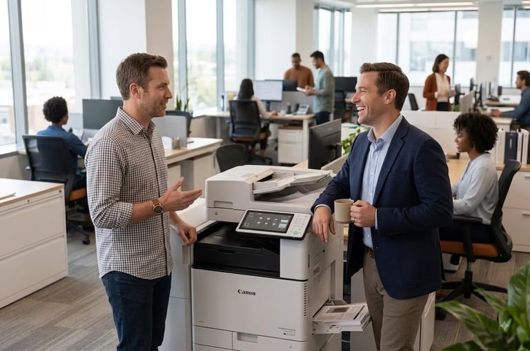 Two men conversing by an office printer in a modern workplace with other employees working in the background