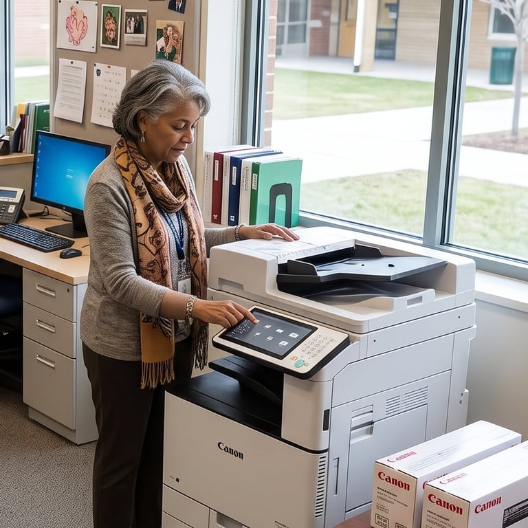 An older woman with gray hair operates a Canon multifunction printer in a bright office with windows overlooking a courtyard