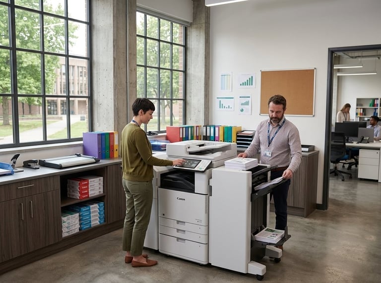 Two office workers using a large copier machine in a modern office space with windows and storage shelving