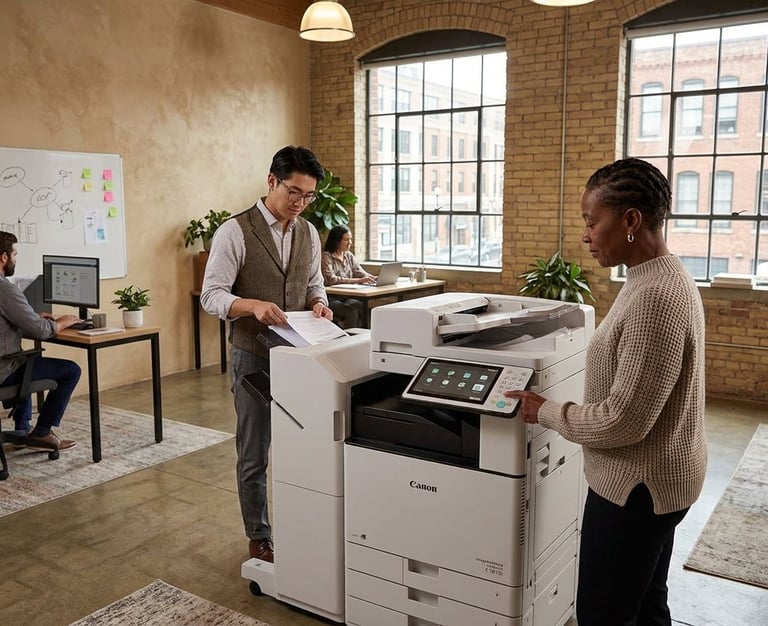 Two professionals using a Canon multifunction printer in a modern brick office with large windows and plants.