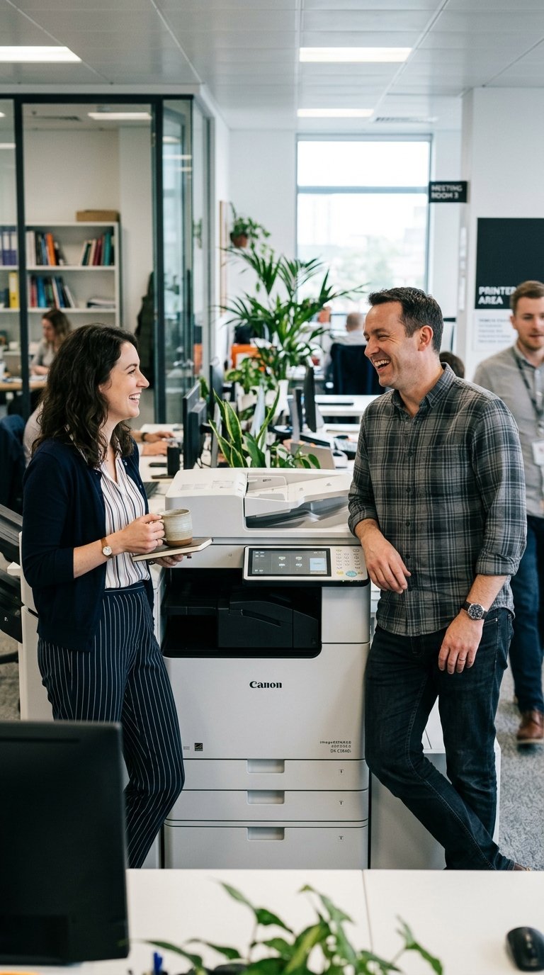 Two colleagues smiling while discussing near a Canon printer in a modern office environment with glass-walled meeting room and plants