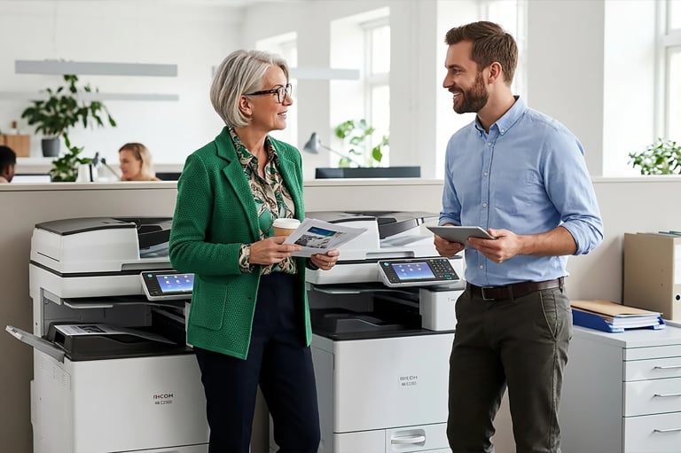 Two office workers in conversation by a multifunction printer in a modern workplace