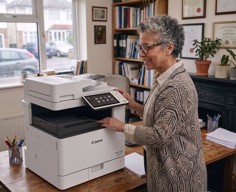 Older woman with gray hair and glasses using a Canon multifunction printer in a home office with bookshelves and plants