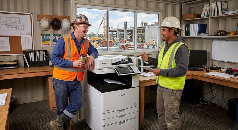 Two construction workers in safety vests and hard hats discussing plans in an office with a multifunction printer and city skyline view
