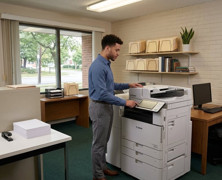 Man in blue shirt using a multifunction printer in a modern office with desks, shelving, and large windows overlooking trees